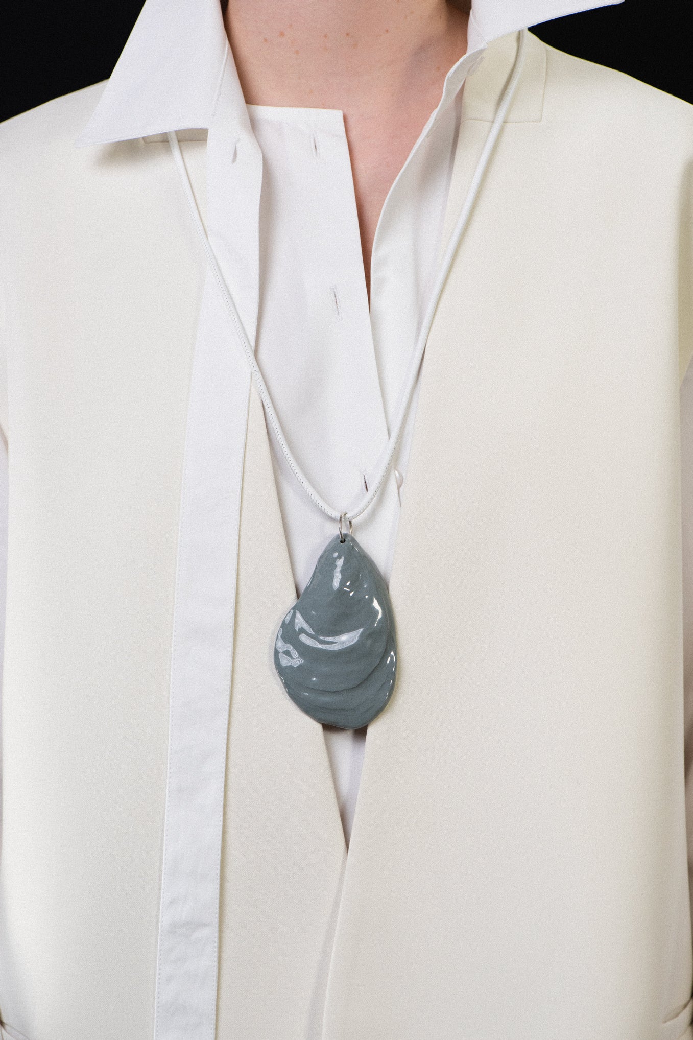 OYSTER SHELL AMULET .05 LEATHER PENDANT - SEA FOAM BLUE
